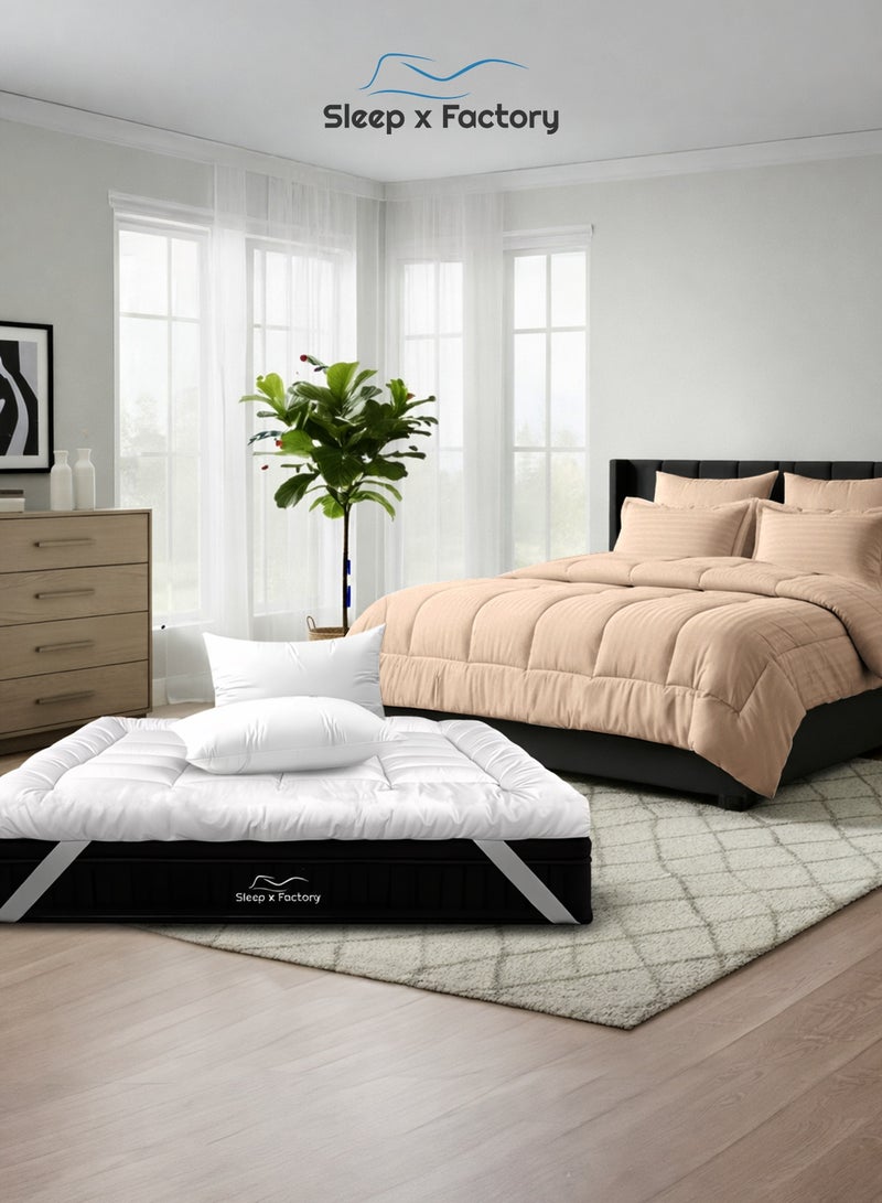 سليب × فاكتوري باقة فندقية فاخرة، لباد مرتبة بارتفاع 14 سم مع طقم لحاف فندقي فاخر بلون البيج ووسادتين فندقيتين قطنية فاخرة، يناسب سرير مفرد مقاس 200 × 140 سم - Image 1